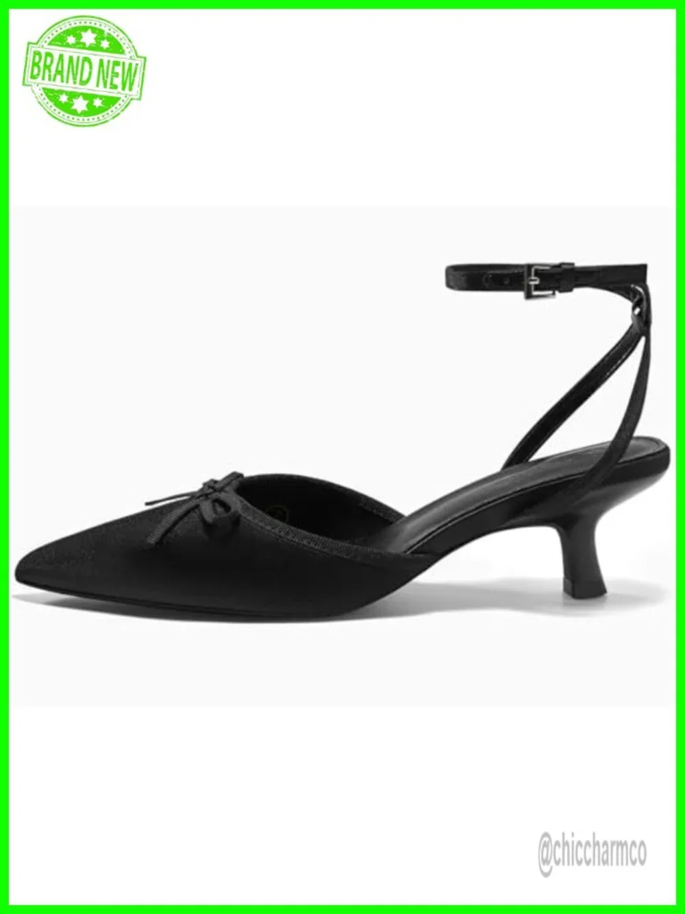 Satin Kitten Low Heels with Bow Ankle Strap Pointed Toe Wedding Party Pumps